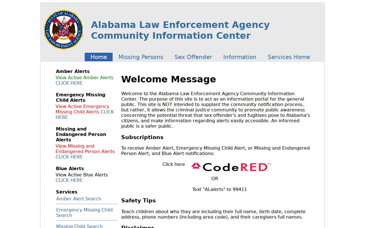ALEA Community Information Center route to the Alabama Sex Offender Registry
