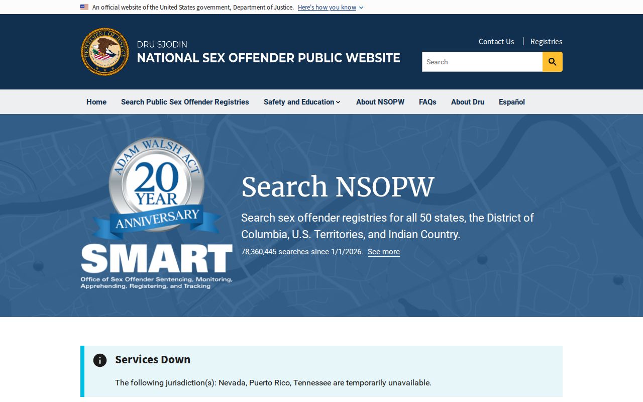 U.S. Department of Justice NSOPW national sex offender registry search